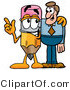 Illustration of a Cartoon Pencil Mascot Talking to a Business Man by Mascot Junction