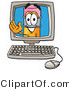 Illustration of a Cartoon Pencil Mascot Waving from Inside a Computer Screen by Mascot Junction