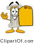 Illustration of a Cartoon Pillar Mascot Holding a Yellow Sales Price Tag by Mascot Junction