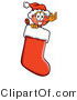 Illustration of a Cartoon Plunger Mascot Wearing a Santa Hat Inside a Red Christmas Stocking by Mascot Junction