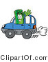 Illustration of a Cartoon Rolled Money Mascot Driving a Blue Car and Waving by Mascot Junction