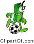 Illustration of a Cartoon Rolled Money Mascot Kicking a Soccer Ball by Mascot Junction