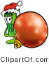 Illustration of a Cartoon Rolled Money Mascot Wearing a Santa Hat, Standing with a Christmas Bauble by Mascot Junction