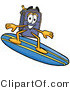Illustration of a Cartoon Suitcase Mascot Surfing on a Blue and Yellow Surfboard by Mascot Junction