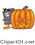 Illustration of a Cartoon Suitcase Mascot with a Carved Halloween Pumpkin by Mascot Junction