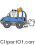 Illustration of a Cartoon Tooth Mascot Driving a Blue Car and Waving by Mascot Junction