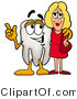 Illustration of a Cartoon Tooth Mascot Talking to a Pretty Blond Woman by Mascot Junction