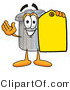 Illustration of a Cartoon Trash Can Mascot Holding a Yellow Sales Price Tag by Mascot Junction