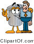 Illustration of a Cartoon Trash Can Mascot Talking to a Business Man by Mascot Junction