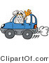 Illustration of a Chef Hat Mascot Driving a Blue Car and Waving by Mascot Junction
