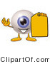 Illustration of a Eyeball Mascot Holding a Yellow Sales Price Tag by Mascot Junction