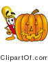 Illustration of a Medical Pill Capsule Mascot with a Carved Halloween Pumpkin by Mascot Junction