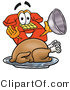 Illustration of a Red Cartoon Telephone Mascot Serving a Thanksgiving Turkey on a Platter by Mascot Junction