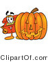 Illustration of a Red Cartoon Telephone Mascot with a Carved Halloween Pumpkin by Mascot Junction