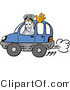 Illustration of a Science Beaker Mascot Driving a Blue Car and Waving by Mascot Junction