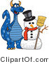 Vector Illustration of a Blue Cartoon Dragon Mascot with a Snowman by Mascot Junction