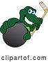 Vector Illustration of a Cartoon Alligator Mascot Grabbing a Hockey Puck and Holding a Stick by Mascot Junction