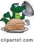 Vector Illustration of a Cartoon Alligator Mascot Serving a Thanksgiving Turkey by Mascot Junction