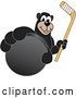 Vector Illustration of a Cartoon Black Bear School Mascot Grabbing a Puck and Holding a Hockey Stick by Mascot Junction