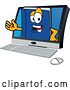 Vector Illustration of a Cartoon Blue Book Mascot Emerging from a Desktop Computer Screen by Mascot Junction