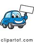 Vector Illustration of a Cartoon Blue Car Mascot Holding a Blank Sign by Mascot Junction