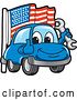 Vector Illustration of a Cartoon Blue Car Mascot Holding a Wrench and Giving a Thumb up by an American Flag by Mascot Junction