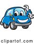 Vector Illustration of a Cartoon Blue Car Mascot Holding a Wrench and Pencil by Mascot Junction