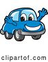 Vector Illustration of a Cartoon Blue Car Mascot Welcoming by Mascot Junction