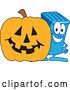 Vector Illustration of a Cartoon Blue Rolling Trash Can Bin Mascot by a Halloween Jackolantern Pumpkin by Mascot Junction