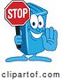 Vector Illustration of a Cartoon Blue Rolling Trash Can Bin Mascot Gesturing and Holding a Stop Sign by Mascot Junction