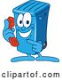 Vector Illustration of a Cartoon Blue Rolling Trash Can Bin Mascot Holding and Pointing to a Telephone by Mascot Junction