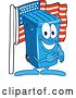 Vector Illustration of a Cartoon Blue Rolling Trash Can Bin Mascot Pledging Allegiance to the American Flag by Mascot Junction