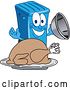 Vector Illustration of a Cartoon Blue Rolling Trash Can Bin Mascot Serving a Roasted Thanksgiving Turkey by Mascot Junction