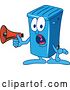 Vector Illustration of a Cartoon Blue Rolling Trash Can Bin Mascot Shouting into a Megaphone by Mascot Junction