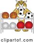 Vector Illustration of a Cartoon Bobcat Mascot Putting a Soccer Ball Back on a Rack, Symbolizing Respect by Mascot Junction