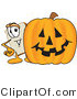 Vector Illustration of a Cartoon Bread Mascot Standing Behind a Halloween Pumpkin by Mascot Junction