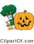 Vector Illustration of a Cartoon Broccoli Mascot Standing by a Halloween Pumpkin by Mascot Junction