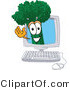 Vector Illustration of a Cartoon Broccoli Mascot Waving from Inside a Computer Screen by Mascot Junction