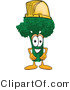 Vector Illustration of a Cartoon Broccoli Mascot Wearing a Yellow Hardhat Helmet by Mascot Junction