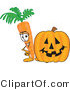 Vector Illustration of a Cartoon Carrot Mascot Standing by a Carved Jack-O-Lantern Halloween Pumpkin by Mascot Junction