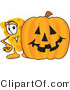 Vector Illustration of a Cartoon Cheese Mascot Standing by a Large Halloween Pumpkin by Mascot Junction