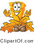 Vector Illustration of a Cartoon Cheese Mascot with Autumn Leaves and Acorns - Royalty Free Vector Illustration by Mascot Junction