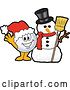 Vector Illustration of a Cartoon Golf Ball Sports Mascot Waving by a Christmas Snowman by Mascot Junction