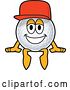 Vector Illustration of a Cartoon Golf Ball Sports Mascot Wearing a Red Hat and Sitting by Mascot Junction