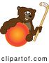 Vector Illustration of a Cartoon Grizzly Bear School Mascot Grabbing a Ball and Holding a Hockey Stick by Mascot Junction