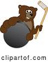 Vector Illustration of a Cartoon Grizzly Bear School Mascot Grabbing a Puck and Holding a Hockey Stick by Mascot Junction
