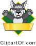 Vector Illustration of a Cartoon Husky Mascot Logo over a Green Diamond with a Blank Gold Banner by Mascot Junction