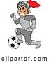 Vector Illustration of a Cartoon Knight Mascot Playing Soccer by Mascot Junction