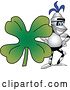 Vector Illustration of a Cartoon Lancer Mascot with a Giant St Patricks Day Four Leaf Clover by Mascot Junction