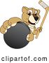 Vector Illustration of a Cartoon Lion Cub School Mascot Grabbing a Hockey Puck and Holding a Stick by Mascot Junction